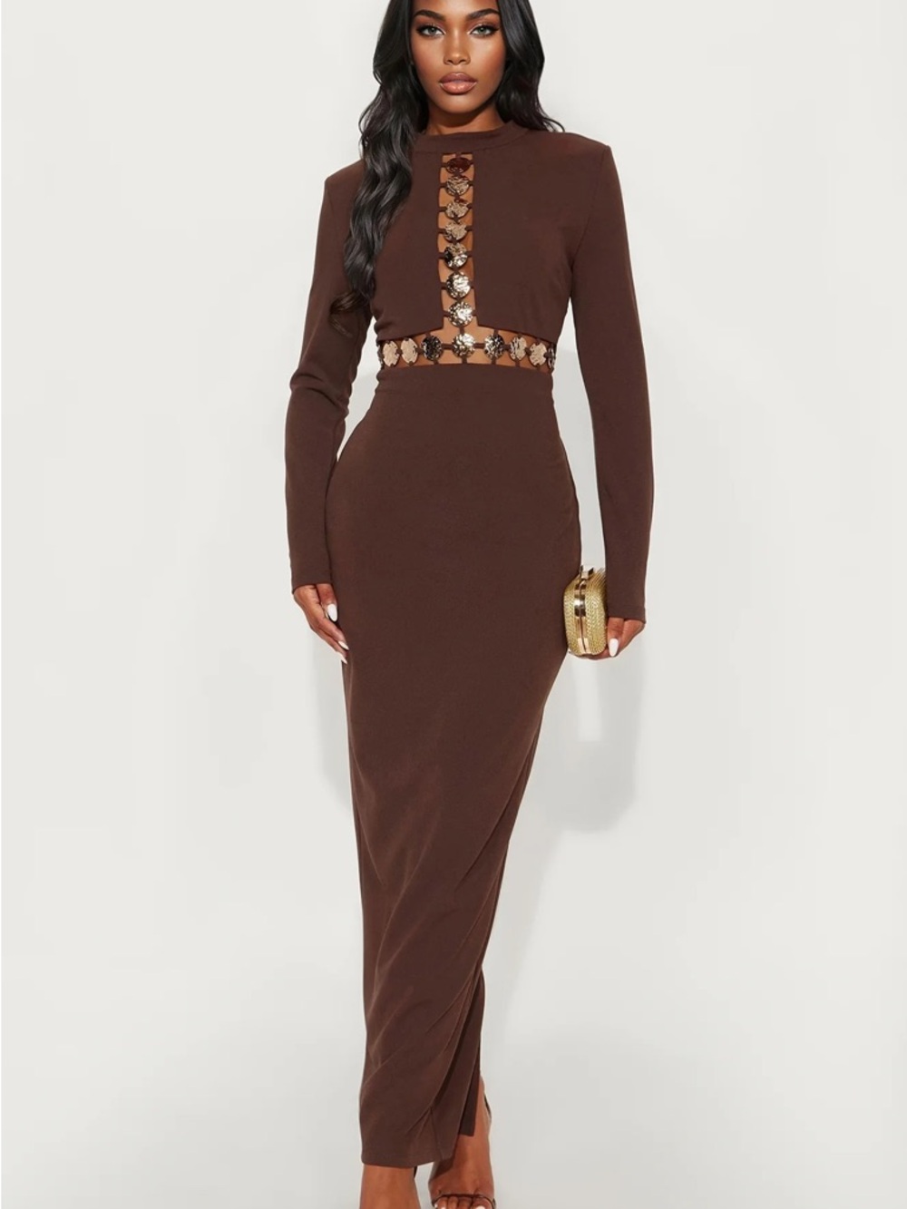 Fashion Nova Brown Long Sleeve Maxi Dress with Embellished Cutouts